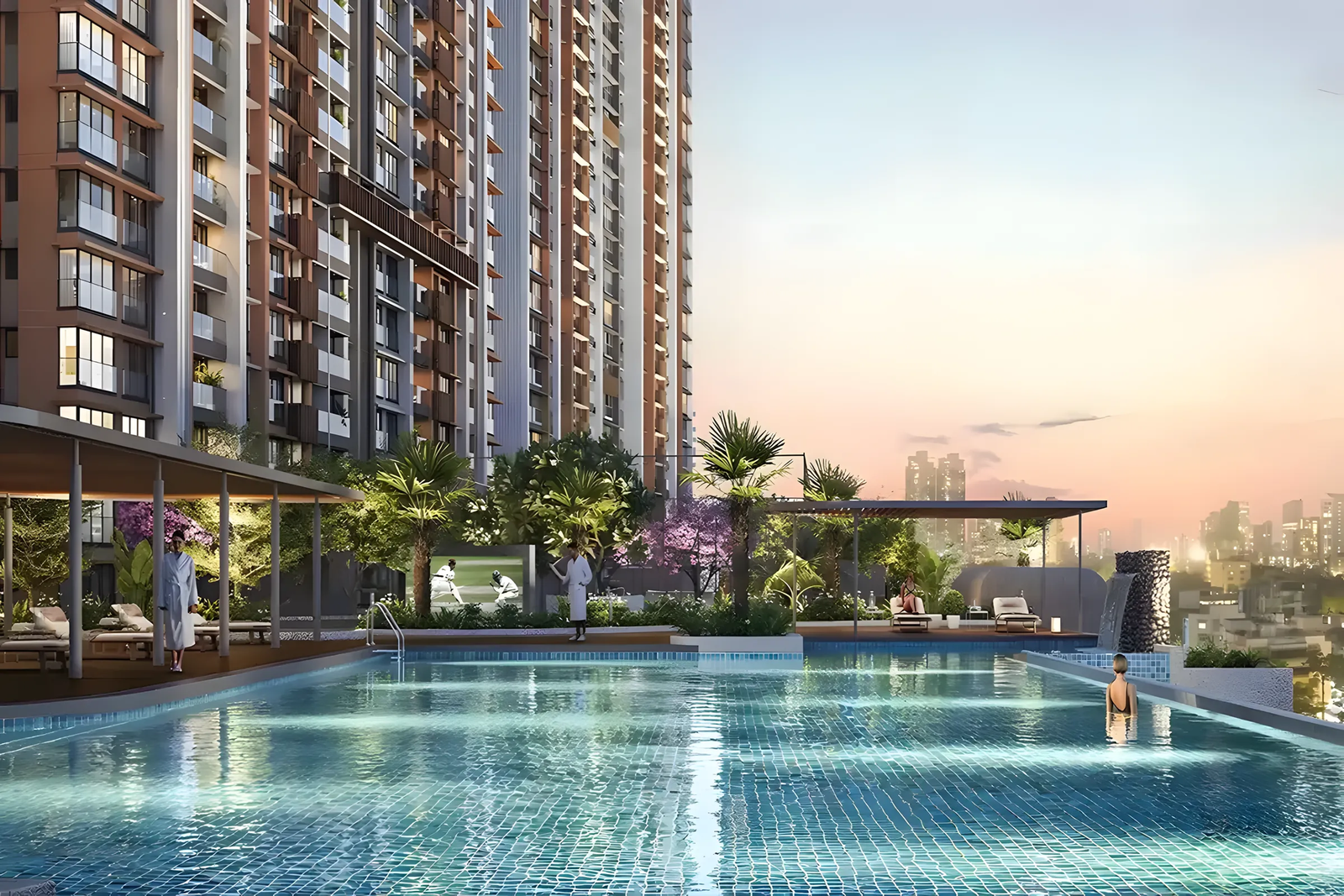 Landscaped swimming pool and green spaces